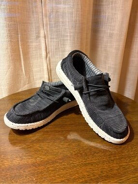 Hey Dude Black Knit Slip-On Loafers with White Speckled Sole